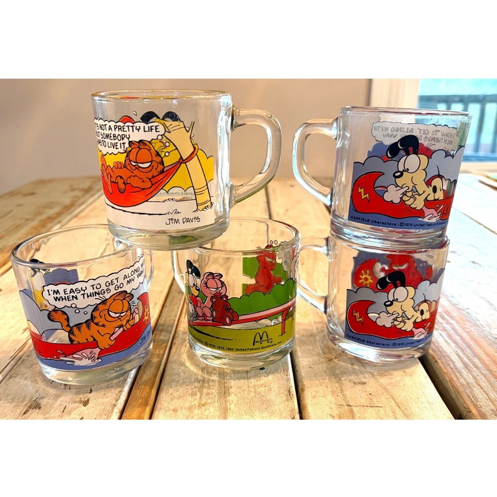 Vintage 1978-1980 McDonald's GARFIELD ODIE Glass Coffee Mugs Set of 5 Jim Davis